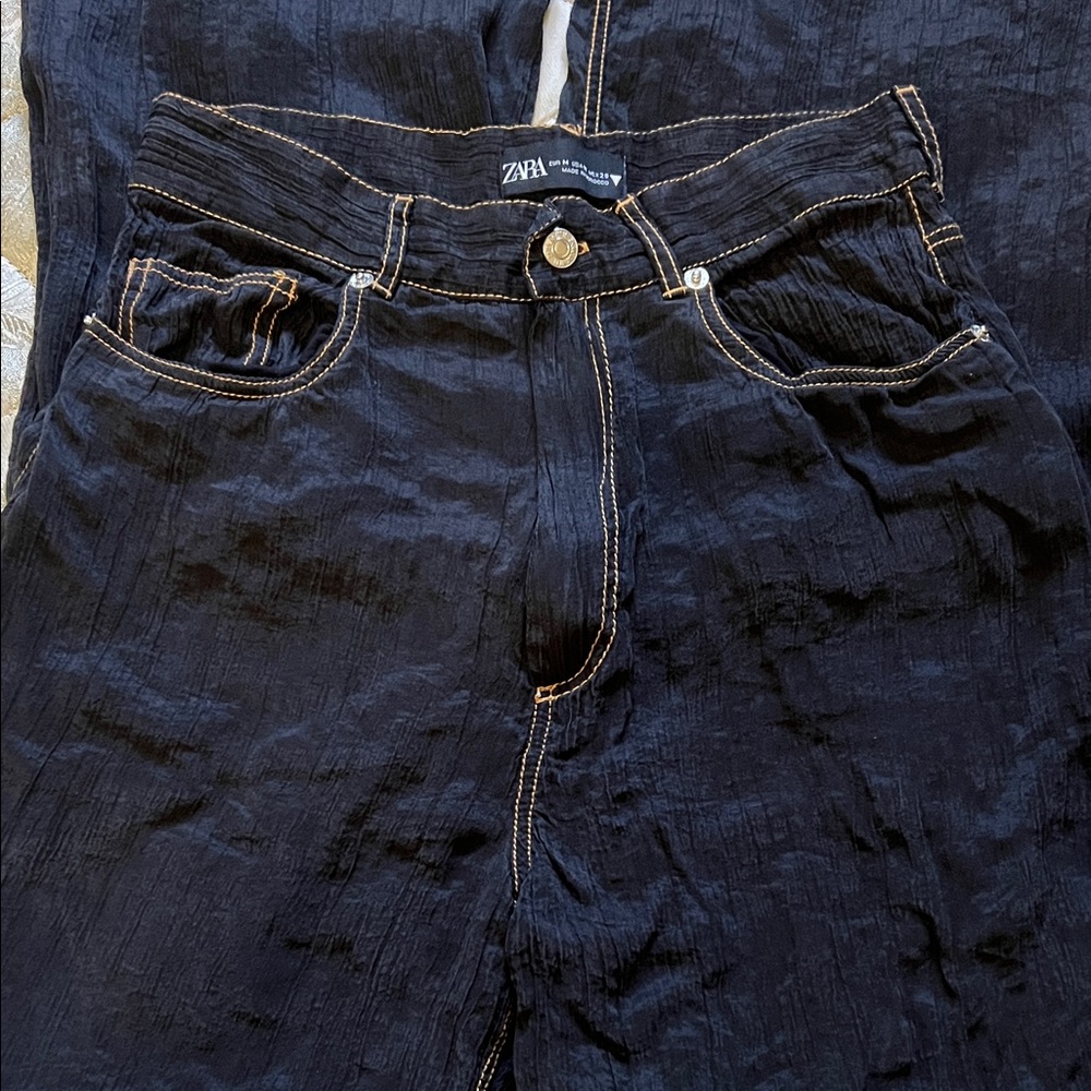 Zara Women's Crinkled Navy Jeans Look Tall Trousers